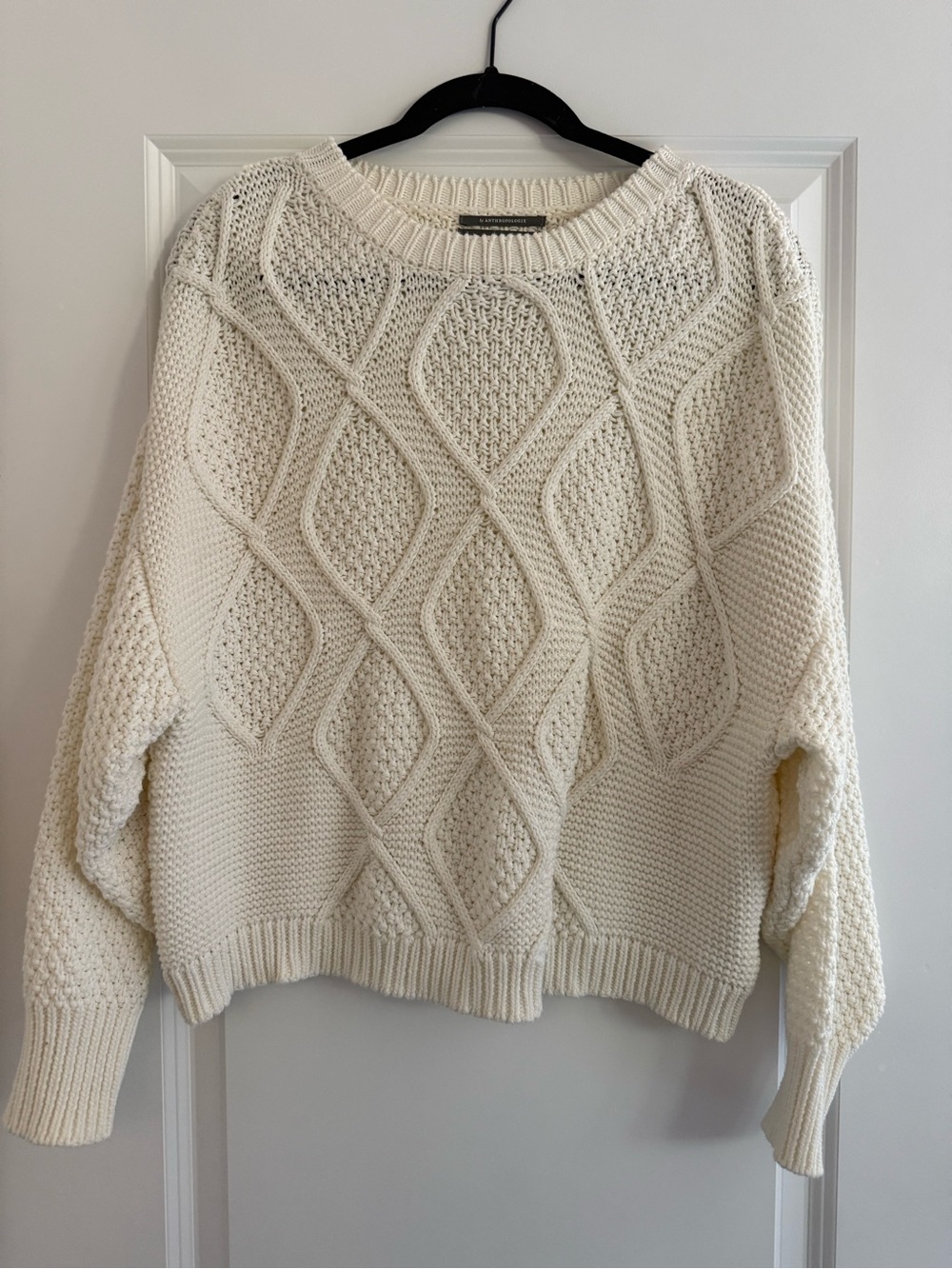 Anthropologie Cream Cable-Knit Crew Sweater